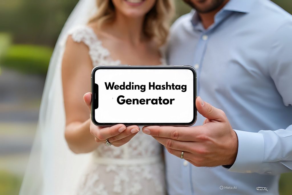 couple using wedding hashtag generator AI tool to create creative hashtags for wedding invitations 